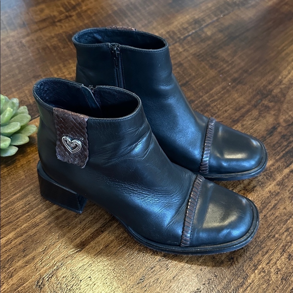 BRIGHTON | “Lonnie 2” Black Leather Ankle Boots w/Heart Embellishment, Size 6.5